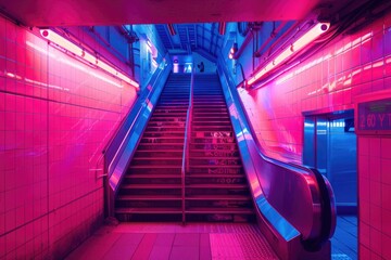 Poster - A modern escalator in a subway station with vibrant neon lights. Perfect for urban themed designs