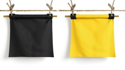 Poster - Modern realistic mockup of 3D yellow and black canvas posters, textile pennons isolated on white.