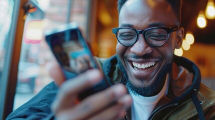 Poster - A man happily looking at his cell phone. Suitable for technology concepts
