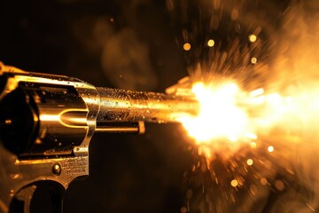 Poster - A close up shot of a gun with sparks flying out. Suitable for action or crime scenes