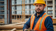 © The A.I Studio - Portrait of a construction worker wearing hard hat and vest with a construction site in the background