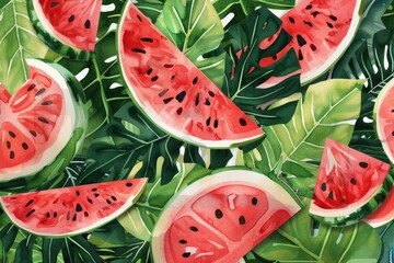 Poster - Fresh slices of watermelon on a wooden table, perfect for summer themes