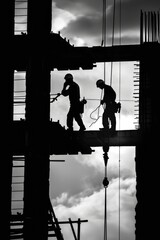 Poster - Two men standing on top of a building. Suitable for urban and business concepts
