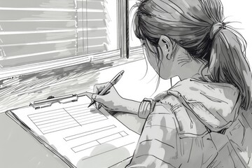 Poster - A woman writing on a piece of paper, suitable for office or education concepts