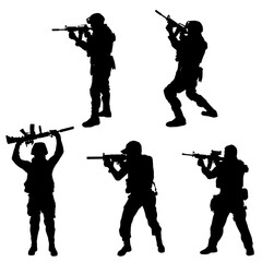 Wall Mural - Silhouette collection of male soldier carrying machine gun weapon. Silhouette collection of sniper shooter in action.