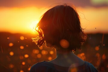 Poster - Person standing in field at sunset, great for nature-themed projects