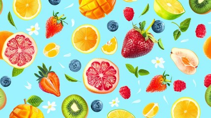 Wall Mural - A colorful fruit pattern with a variety of fruits including kiwi, strawberries