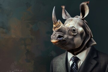 Poster - A man wearing a rhino mask with a suit and tie, suitable for business concept