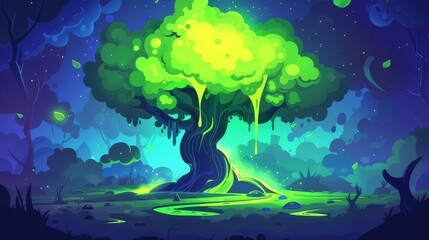 Wall Mural - An alien tree in a magical forest with green dripping slime. Cartoon illustration of an unusual tree with sticky foliage on a glade in a mystic forest.