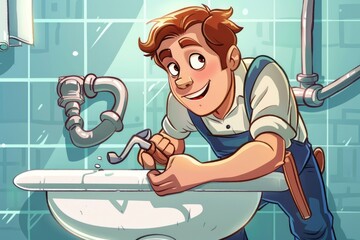 Poster - A man is fixing a sink in a bathroom. Suitable for home improvement projects