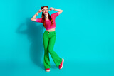 Fototapeta Panele - Full length photo of cool dreamy lady dressed pink knitted shirt showing two v-signs looking empty space isolated blue color background