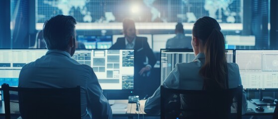 Poster - An AI company's staff working behind desktop computers overseeing data on a big digital screen. A back view follows the previous shot of two males and two females discussing data on the screen.