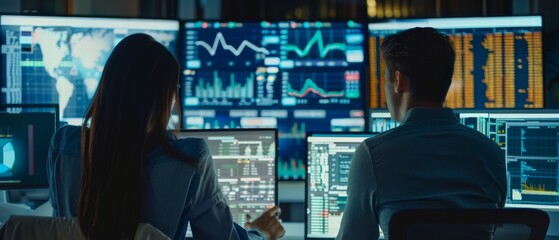 Poster - Various employees working behind desktop computers in Venture Capital Company discussing financial data on large digital screen. A zoomed out back view shot shows two male and female analysts