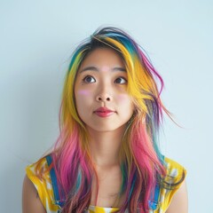 Wall Mural - Eye-catching hipster asian woman with colorful hair and glasses