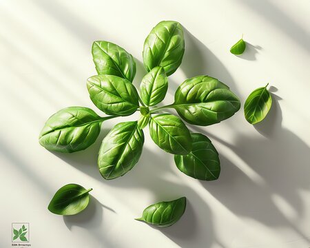 Photorealistic rendering of basil with hyper-detailed texture and natural shadows, set against white for contrast
