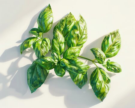 Photorealistic rendering of basil with hyper-detailed texture and natural shadows, set against white for contrast