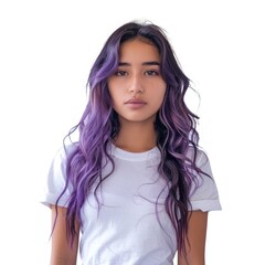Wall Mural - Indonesian Teenage Girl with Purple Hair Posing in a White T-Shirt.