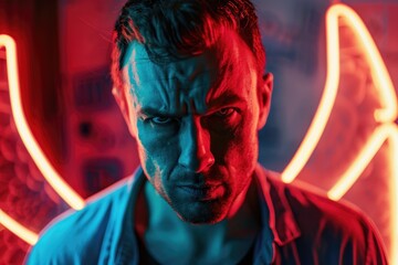 Poster - A man in a blue shirt standing with neon lights in the background. Perfect for nightlife or entertainment concepts