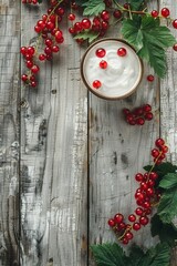 Wall Mural - Red currant yogurt. currant branches. On a wooden background. place for text. view from above