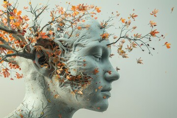 Poster - Unique statue with a tree growing out of its head. Suitable for nature and art concepts