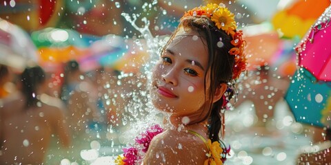 Poster - A woman in a flowered dress playing in the water. Suitable for lifestyle and summer-themed designs