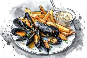 Poster - Delicious plate of mussels and fries with a dipping sauce. Perfect for restaurant menus or food blogs