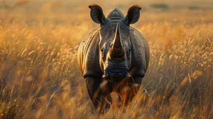 Poster - A powerful rhino standing in a field of tall grass. Suitable for wildlife concepts