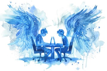 Poster - A couple of people sitting at a table with wings. Suitable for various creative concepts