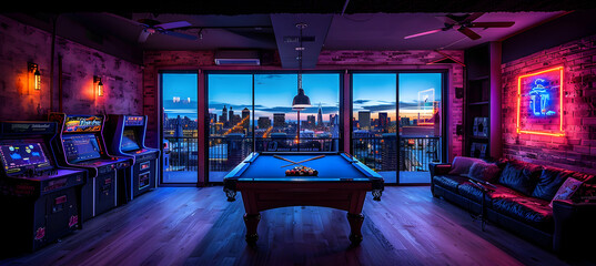 Canvas Print - Trendy game room with billiard table, arcade machines, and neon wall art