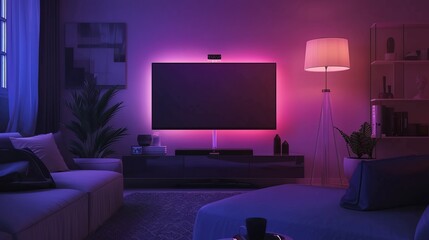 Poster - The living room of a modern house at night, with glowing LCD tv, a sofa, and a floor lamp. Modern realistic illustration of flat plasma television set hanging from the wall.