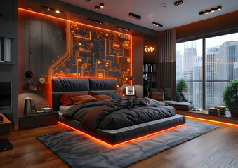 Poster - Trendy teenager's bedroom with tech gadgets, neon wall art, and modular furniture