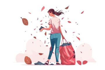 Poster - A woman holding a bag and a cell phone. Suitable for lifestyle and technology concepts