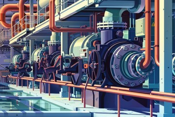 Poster - Industrial pipes and valves in a factory setting. Suitable for industrial and manufacturing concepts