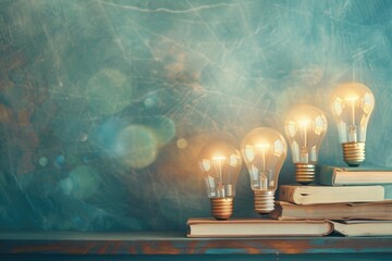Fototapete - Stack of books with light bulbs on top, ideal for educational and creative concepts