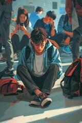Poster - A man sitting on the ground with his feet on the ground. Suitable for various concepts and themes