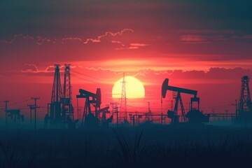 Poster - Oil pumps in a field at sunset. Suitable for energy industry concepts