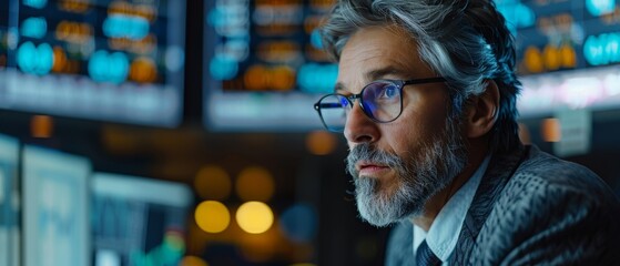 Poster - An aging stock exchange broker works on his computer at a multi-screen workstation showing a real-time stock chart, a commodity chart, and a market chart.
