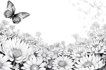 Wall Mural - Coloring pages of butterfly flying above Chrysanthemum Flowers in garden.