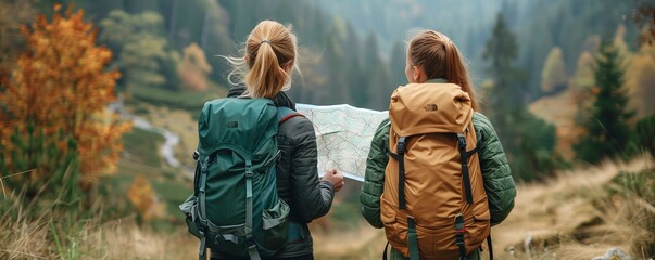 Poster - Female hikers looking at map