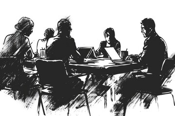 Poster - A group of people working on laptops at a table. Suitable for business concepts