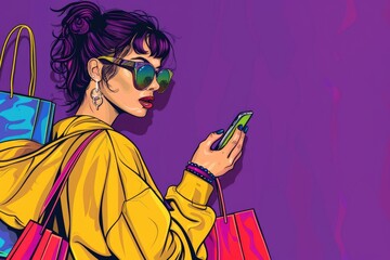 Poster - A woman in a yellow jacket holding a cell phone, suitable for technology concepts