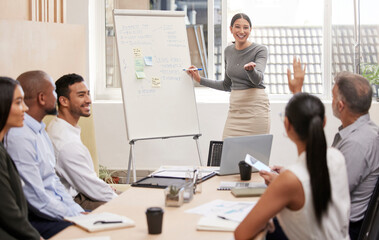 Poster - Workshop, questions and woman with business people at whiteboard for feedback, brainstorming or leadership. Planning, teamwork and manager in presentation for ideas, growth or development in training