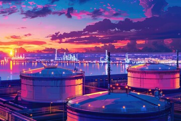Aufkleber - Scenic sunset view of oil tanks in a large body of water. Suitable for industrial and environmental concepts