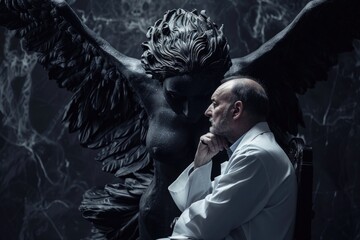 Poster - A man sitting in a chair next to a statue of an angel. Suitable for religious or contemplative concepts