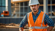 © The A.I Studio - Portrait of a construction worker wearing hard hat and vest with a construction site in the background