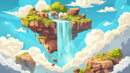 Wall Mural - In the sky above clouds cartoon fantasy landscape with waterfall cascade on flying rock island under sunlight. A stream runs from a mountain piece. Water jets fall from a stone, Modern illustration.
