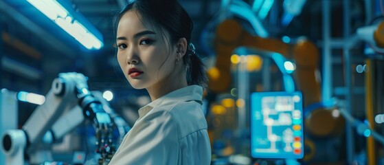 Poster - Engineer working on laptop computer in a modern automated manufacturing facility with robotic arms, researching and developing technologies to produce electronics