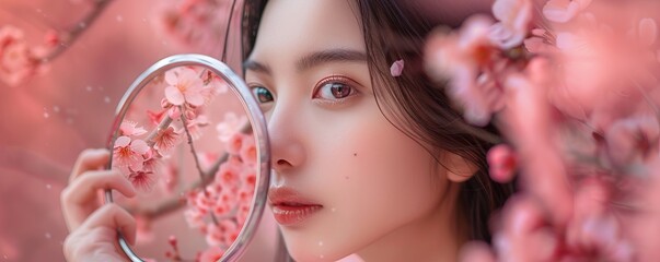 Wall Mural - asian girl looking in hand mirror under sakura cherry blossom tree in spring