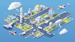 This is an isometric rendering of a city infrastructure, urban architecture with residential buildings, a rocket spaceport, parking lots for cars, a road with moving transport, trucks, and commuters.