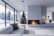 Luxury and Comfort in Modern Living: A Minimalist Living Room with a Modern Fireplace at the Heart of a Cozy White-Colored Home, Perfect for Family Holidays
